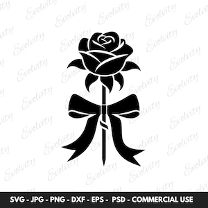 エレガントなバラのリボン付き SVG ベクターと花のシルエット クリップアート PNG カット ファイル、ロマンチックな装飾の作成、結婚記念日の贈り物に最適