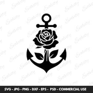 Ancla y rosa SVG Vector y silueta náutica Clipart PNG Archivo de corte, ancla Clipart, vector floral, regalo de boda y aniversario para ella