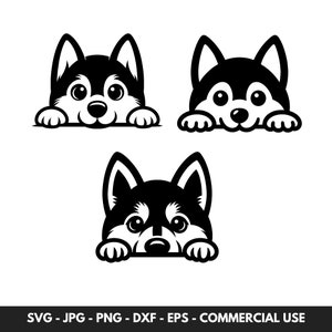 Gluren Husky SVG-vectorbundel met 3 huskyhonden silhouet clipart PNG Instant Digitale Download, ideaal voor honden- en huskyliefhebbers
