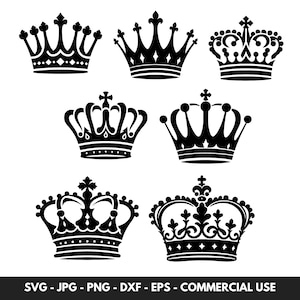 Kroon SVG-vectorbundel met 7 Royal King Queen Crown silhouet clipart PNG-bestand knippen digitale download voor bruiloft projecten cadeaus voor haar