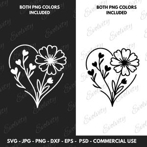 Elegante bloem hart SVG-vector en hart silhouet clipart gesneden PNG-bestand, Valentijnsdag cadeaus voor haar en perfect voor huwelijksuitnodigingen