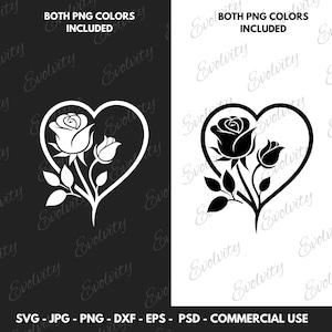 ローズ ハート SVG ベクターと花のデザイン クリップアート シルエット PNG カット ファイル、ハート ローズ クリップアート、DIY クラフトや記念日のギフト デコレーション用