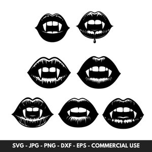Bundle de vecteur SVG dents de vampire avec 7 crocs et lèvres de vampire ClipArt Silhouette PNG coupe fichier téléchargement numérique instantané pour Halloween horreur