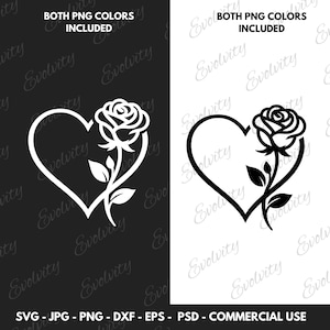 Elegant Rose and Heart SVG Vector And Floral Silhouette Design Clipart Png Cut File, Rose svg, Gift for Wedding or Valentine&#39;s Day