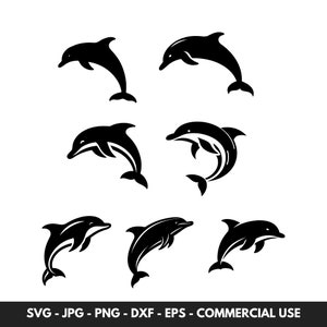Bundle SVG Dauphin avec 7 silhouette de dauphin et fichiers Clipart océan et animaux marins PNG, Dxf, Eps, JPG vecteur pour les artisans