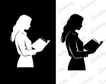Vrouw leesboek SVG: leraar bibliothecaris clipart gesneden bestand (digitale download)