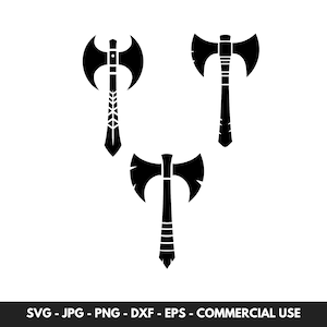 Paquete SVG de hacha de batalla con 3 SVG de hacha vikinga, clipart de hacha PNG, cabeza de hacha de doble hoja y logotipo de hacha de batalla. Descarga instantánea.