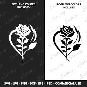 Rose romantique et coeur SVG vecteur et Floral Design Clipart PNG couper fichier, Clipart Rose, faire-part de mariage cadeau Saint-Valentin pour elle