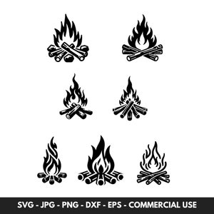 Lagerfeuer SVG Vektor Bundle mit 7 Lagerfeuer Clipart Silhouette PNG Designs Perfekt für Camping Geschenk für Outdoor-Enthusiasten