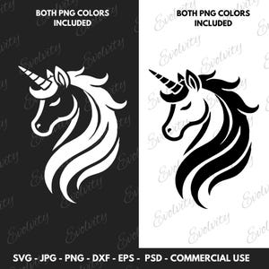 Unicornio mágico SVG Vector y linda cabeza de unicornio Clipart PNG Silueta Caballo Archivo de corte Ideal para proyectos de fantasía y regalos para niños