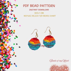 Op de afbeelding: Een PDF-parelpatroon voor een paar regenboogkleurige oorbellen. De oorbellen zijn 3 x 3,1 cm groot en gemaakt met Miyuki Delica 11/0 kralen. Het patroon is een directe download.