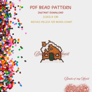 May include: A PDF bead pattern chart for a small gingerbread house with white snow on the roof. The pattern is for Miyuki Delica 11/0 beads and measures 3.5 x 3.4 cm. The image includes the text "PDF Bead Pattern", "Instant Download", "3.5x3.4 cm", "Miyuki Delica 11/0 Beads Chart", "Beads of my Heart", and "Beafeart".