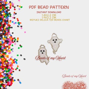 Puede incluir: Gráfico de patrón de cuentas PDF para dos abalorios de fantasma blanco, cada uno mide 1,4 x 2,2 cm y 1,9 x 2,2 cm. El patrón es para usar con cuentas Miyuki Delica 11/0. El texto "Beads of my Heart" aparece dos veces en la imagen.