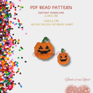 Peut inclure: Patron de perles PDF pour deux motifs de citrouille jack-o'-lantern orange. La plus grande citrouille mesure 2,4 x 3 cm et la plus petite 1,6 x 2,2 cm. Le patron est pour les perles Miyuki Delica 11/0.