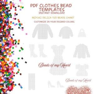 May include: A digital download of beading patterns for clothing, including a dress, sweaters, boots, and a purse. The patterns are designed for use with Miyuki Delica 11/0 beads and can be customized in any color.