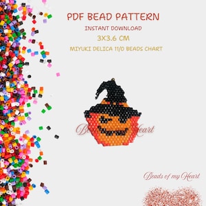 May include: A printable PDF bead pattern for a Halloween pumpkin with a witch's hat. The pattern is for Miyuki Delica 11/0 beads and measures 3x3.6 cm. The pumpkin is orange with a black hat and a black face.