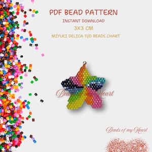 May include: A colourful beaded star charm, 3x3 cm, made with Miyuki Delica 11/0 beads. The star is rainbow coloured with a dark blue centre. The image includes the text "PDF Bead Pattern", "Instant Download", "3x3 cm", "Miyuki Delica 11/0 Beads Chart", "Beads of my Heart".