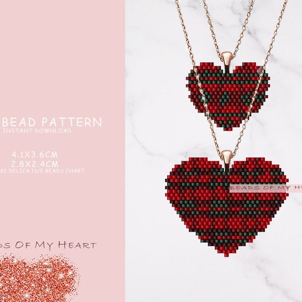 Plaid Hearts Brick Stitch Pdf  Miyuki Delica Red Seed Bead Pattern Set for Valentine's Day Beadwork Jewelry Charm Earrings Necklaces Pendant