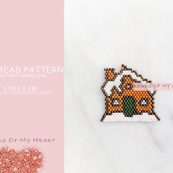 Christmas Snow House Brick Stitch Pdf Miyuki Delica Seed Bead Pattern for Beadwork Jewelry Charm Pendants Earrings