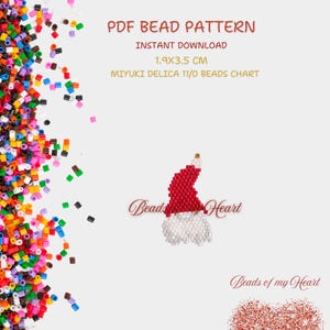 May include: PDF bead pattern for a Santa Claus ornament, measuring 1.9 inches by 3.5 inches. The pattern is for use with Miyuki Delica 11/0 beads. The image shows a beaded Santa Claus ornament with a red hat and white beard.