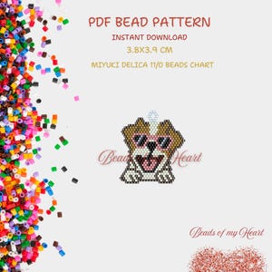 May include: PDF bead pattern chart for a dog wearing sunglasses. The chart is for Miyuki Delica 11/0 beads and measures 3.8 x 3.9 cm. The image includes the text "Bead Heart" and "Beads of my Heart".