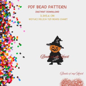 May include: A printable PDF bead pattern for a Halloween witch with a pumpkin head. The pattern is for use with Miyuki Delica 11/0 beads and measures 3.3 inches by 5.6 inches.