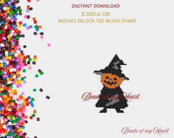 Halloween Pumpkin Witch Pdf Miyuki Delica Orange Black Seed Bead Brick Stitch Pattern for Jewelry  Charm Earrings