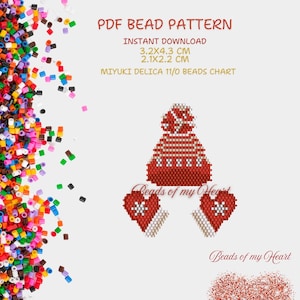 May include: A PDF bead pattern chart for a red and white winter hat and two red and white hearts with snowflakes. The pattern is for Miyuki Delica 11/0 beads. The finished size is 3.2 x 4.3 cm and 2.1 x 2.2 cm. The pattern is titled "Beads of my Heart".