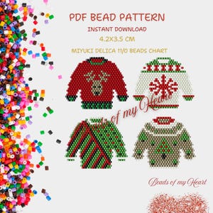 May include: Four different bead patterns for Christmas sweaters, each measuring 4.2 by 3.5 cm. The patterns include a reindeer, snowflake, stripes, and a Christmas tree. The patterns are designed for use with Miyuki Delica 11/0 beads.