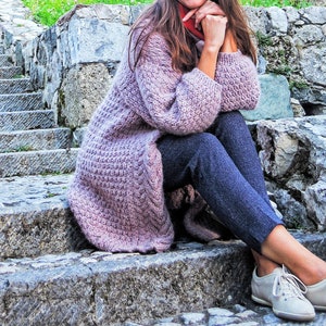 Grobstrick Wolle Oversized-Strickjacke, Lange gestrickte Strickjacke, Lockere Oversize-Strickjacke, Frauen-Strickjacke, Rosafarbene Strickjacke, Einheitsgröße Herbst Alpaka-Strickjacke
