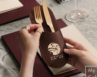 Custom Leather Cutlery Holder for Restaurant, Personalized Silverware Holder with Logo, Branded Utensil Pouch for Cafe