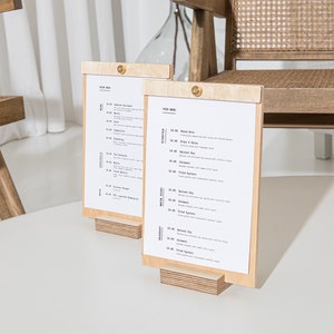 Suporte de suporte de menu de madeira, placa de casamento de menu de mesa, placa de menu de mesa, suporte de suporte de placa de madeira, tendas de mesa de restaurante, prancheta de menu