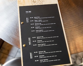 Custom Menu Holder: Wooden Menu Board with Engraved Logo for Restaurant, Cafe & Bar
