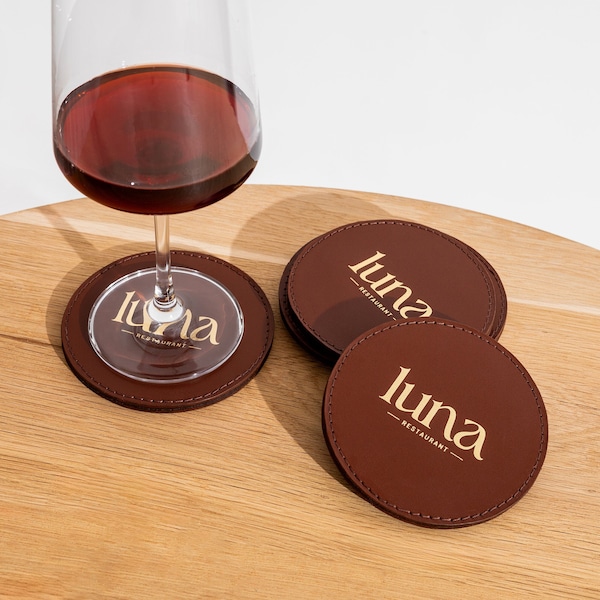 Personalized Leather Coaster Set For Restaurant, Cafe Or Bar,  Modern Cup Coasters for Table Protection - Logo Monogrammed Options Available