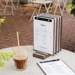Niestandardowe drewniane tablice menu z podstawą (zestaw 5 sztuk) - restauracja, bar, stół, drink, wesele, lista win i uchwyty na menu, nowoczesne menu