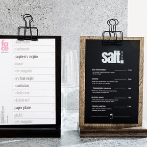 Carpa de mesa de madera para restaurante, portamenús, tablero de menú personalizado, portapapeles, expositor de mesa, menú de bar de cafetería, menú de bebidas