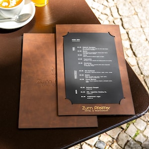 Portamenús de restaurante: Menú personalizado de una sola página en polipiel para cafetería y bar.