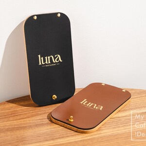 Personalized Wood Check Presenter with Leather Cover: Custom Restaurant Bill Holder