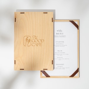 Portamenús de una página para restaurantes, cafeterías y bares. Expositor de menú personalizado con logotipo. Menú de bebidas y comidas personalizado de 21,5 x 14,5 cm. Menú de madera.