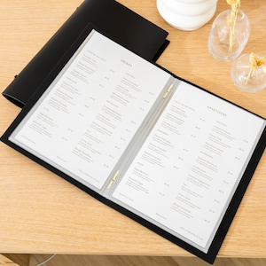 Couverture de menu en cuir - Chemise de menu personnalisée avec pochettes en plastique pour restaurant, café et bar, livre de cartes des vins personnalisé