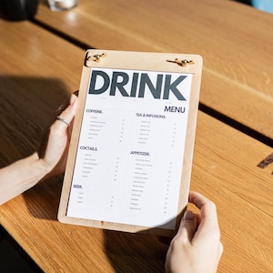 Support de menu en bois pour restaurants, cafés et bars, Tableau de menu personnalisé pour carte de boissons, Affichage de menu avec logo, Carte de cocktails personnalisée