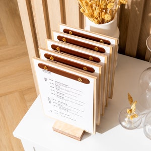 Zestaw 5 drewnianych uchwytów na menu z podstawą do restauracji, niestandardowe menu barowe, drewniana tablica menu, spersonalizowane menu, uchwyty na menu stołowe, menu napojów