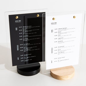 Acrylic Table Top Menu Holder With Wooden Base And Logo Engraving Option, Plastic Table Stand, Custom Sign Holder, Wedding Menu, Bar Menu