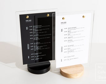 Acrylic Table Top Menu Holder With Wooden Base And Logo Engraving Option, Plastic Table Stand, Custom Sign Holder, Wedding Menu, Bar Menu