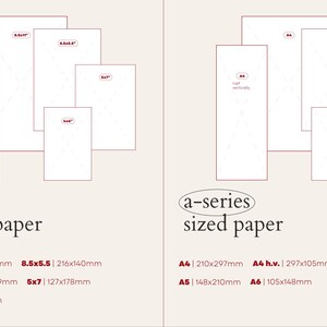 May include: A reference chart displaying U.S. sized paper and A-series sized paper. The U.S. section lists 8.5x11, 8.5x5.5, 4.25x11, 5x7, and 4x6 inches. The A-series section lists A4, A4 half vertically, A5, and A6 with metric dimensions.