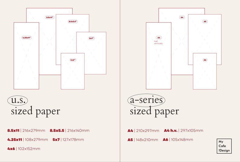 May include: A reference chart displaying U.S. sized paper and A-series sized paper. The U.S. section lists 8.5x11, 8.5x5.5, 4.25x11, 5x7, and 4x6 inches. The A-series section lists A4, A4 half vertically, A5, and A6 with metric dimensions.