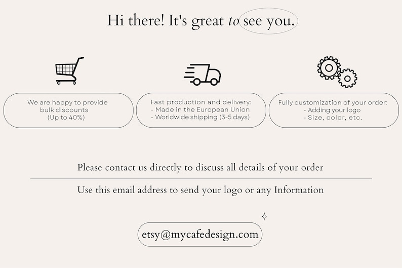 It highlights bulk discounts of up to 40%, fast production in the EU with worldwide shipping (3-5 days), and full customization options, including logo and size adjustments. A contact email (etsy@mycafedesign.com) is provided for inquiries.