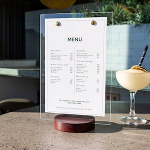 Portamenús de acrílico para restaurante, soporte para letreros de mesa para cafetería o bar, portafolletos, menú de boda personalizado, menú de bebidas, letrero de recepción