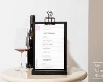 Wood Tabletop Menu Holder: Black Table Tent with Binder Clip for Drink & Food Menu