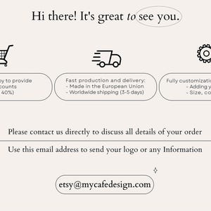 May include: An informational graphic on a light background with black text reading Hi there! It's great to see you. Icons include a shopping cart, a delivery truck, and two gears. Text boxes detail bulk discounts, production, and customization options.